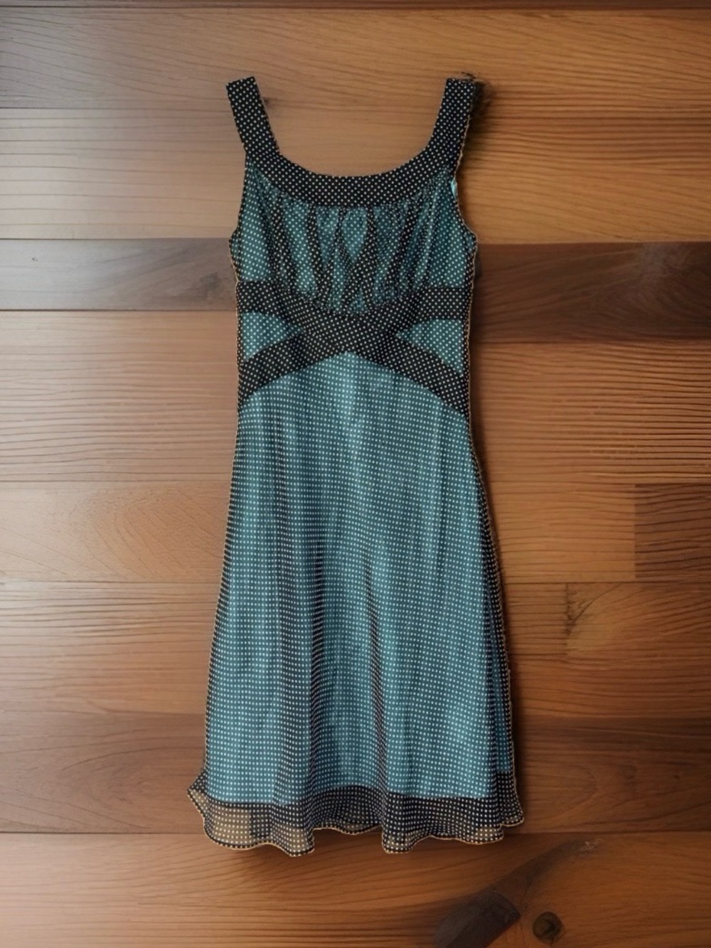 Giorgio Fiorelli Teal Midi Dress Sheer Black/White Polka-Dot Overlay Trim-6-EC
